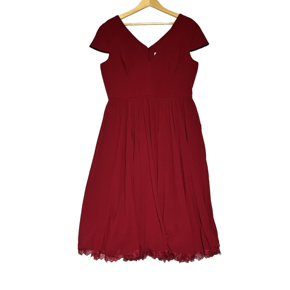 Dress the Population Corey Dress XL Garnet Red Chiffon Midi Cap Sleeve Fit Flare - Picture 1 of 11